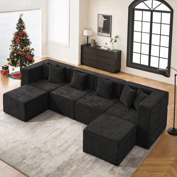 BEHOST 130" U-Shaped Modular Sectional Sofa, 6-Piece Cloud Couch with 2 Movable Ottomans, Extra Deep Seat Chenille Sleeper Sofa, Flexible Oversized Modern Sofa Set for Living Room, Chenille Black