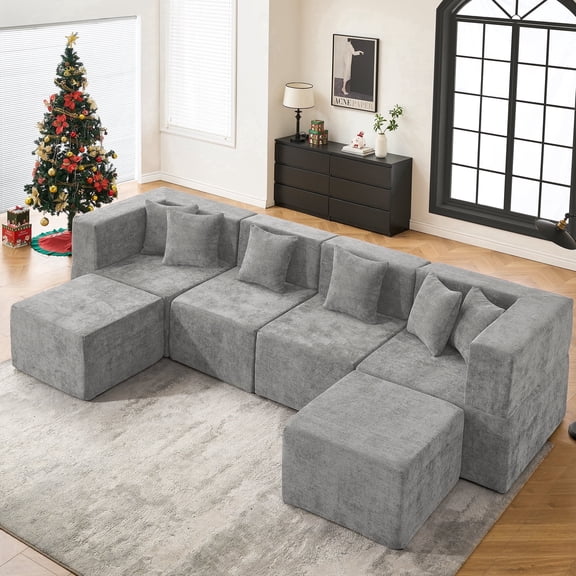 BEHOST 130" U-Shaped Modular Sectional Sofa, 6-Piece Cloud Couch with 2 Movable Ottomans, Extra Deep Seat Chenille Sleeper Sofa, Flexible Oversized Modern Sofa Set for Living Room,Chenille Light Gray