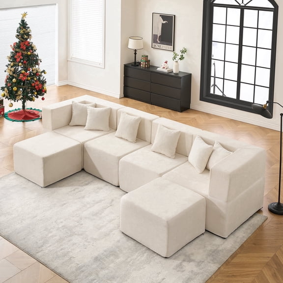BEHOST 130" U-Shaped Modular Sectional Sofa, 6-Piece Cloud Couch with 2 Movable Ottomans, Extra Deep Seat Chenille Sleeper Sofa, Flexible Oversized Modern Sofa Set for Living Room, Chenille Beige