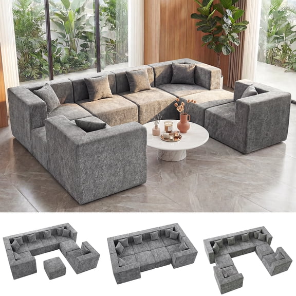 BEHOST 130" 8-Piece Modular Sectional Sofa, Boneless Cloud Couch with Extra Deep Seats, Washable Chenille Sofa Set for Living Room, Chenille Light Gray