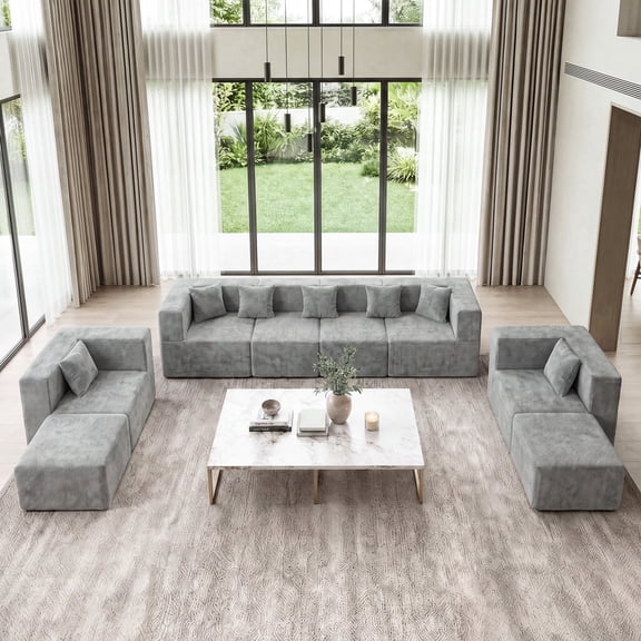 BEHOST 130" 8-Piece Modular Sectional Sofa, Boneless Cloud Couch with Extra Deep Seats, Washable Chenille Sofa Set for Living Room, Chenille Light Gray