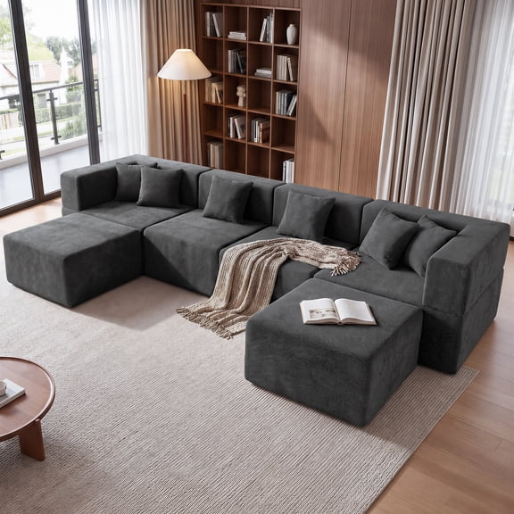BEHOST 130" Modular Sectional Sofa Couch, 6-Seater U-Shaped Boneless Sofa with 2 Ottomans, Extra Deep Seat Chenille Cloud Couches for Living Room , Dark Gray