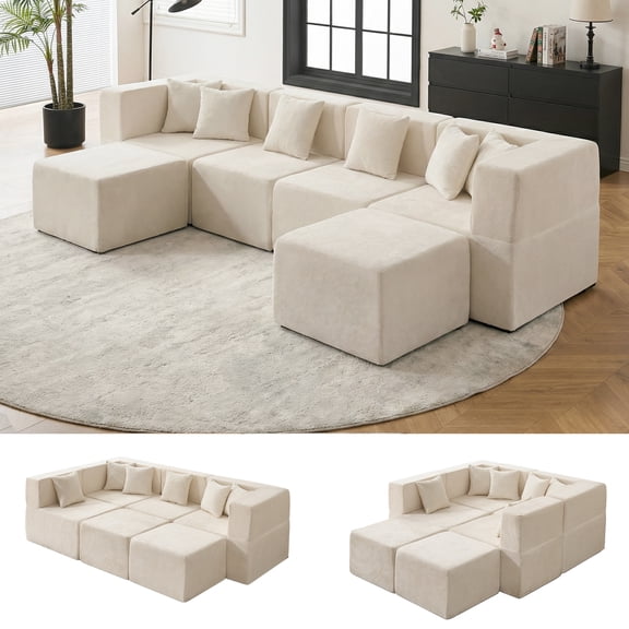 BEHOST 130" Oversized Modular Sectional Sofa for Living Room, Chenille Cloud Couch with 6 Pillows, Beige