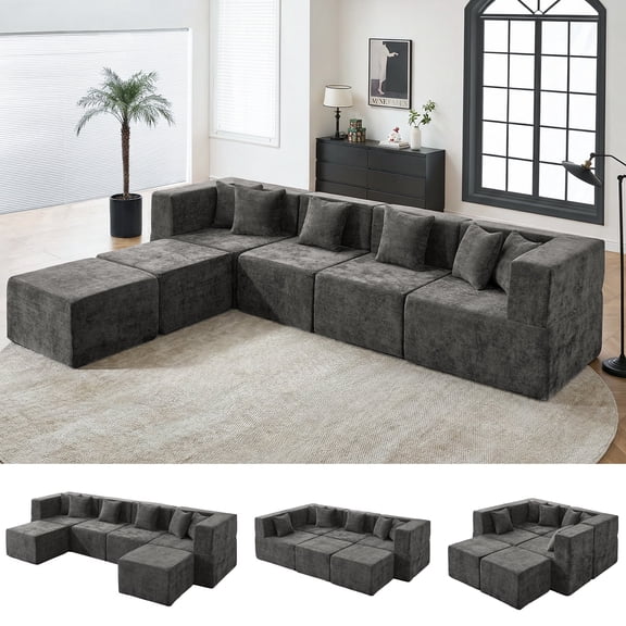 BEHOST 130" Oversized Modular Sectional Sofa for Living Room, Flexible Combination U Shaped Chenille Cloud Couch, Dark Gray