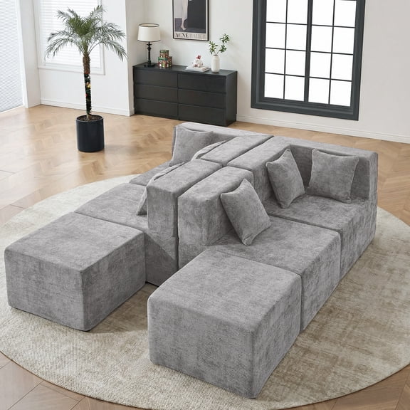 BEHOST 130" Oversized Modular Sectional Sofa for Living Room, Flexible Combination U Shaped Chenille Cloud Couch, Light Gray