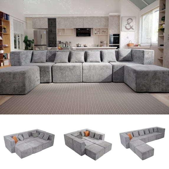 BEHOST 130" 6-Piece Modular Sectional Sofa with 2 Movable Ottomans, U-Shaped Cloud Couch for Living Room, Modern Chenille Deep Seat Sofa Set, Flexible Oversized Sleeper Couches, Light Gray