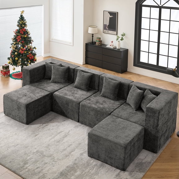 BEHOST 130" U-Shaped Modular Sectional Sofa, 6-Piece Cloud Couch with 2 Movable Ottomans, Extra Deep Seat Chenille Sleeper Sofa, Flexible Oversized Modern Sofa Set for Living Room, Chenille Dark Gray