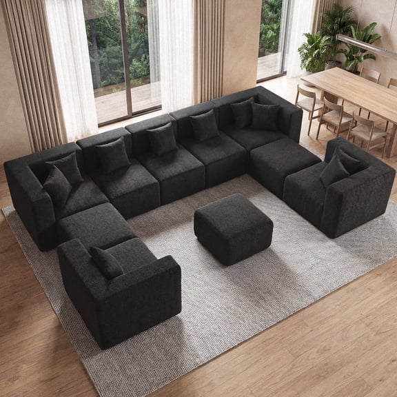 BEHOST 2 Couch Ottomans Sectional Sofa for Living Room, Chenille Black