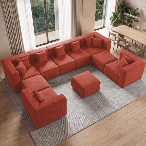 BEHOST 2 Couch Ottomans Sectional Sofa for Living Room wiht 2 Pillows, Chenille Rust