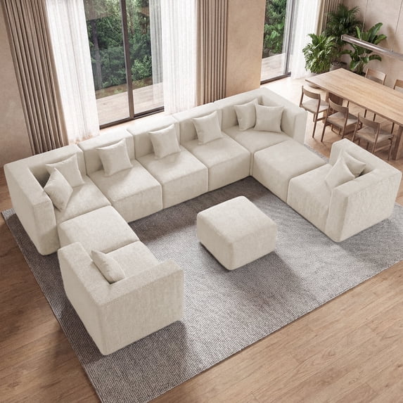 BEHOST 2 Modules Sectional Sofa for Living Room, Includes 1 Armless Center Seat + 1 Ottoman + 1 Pillow, Chenille Beige