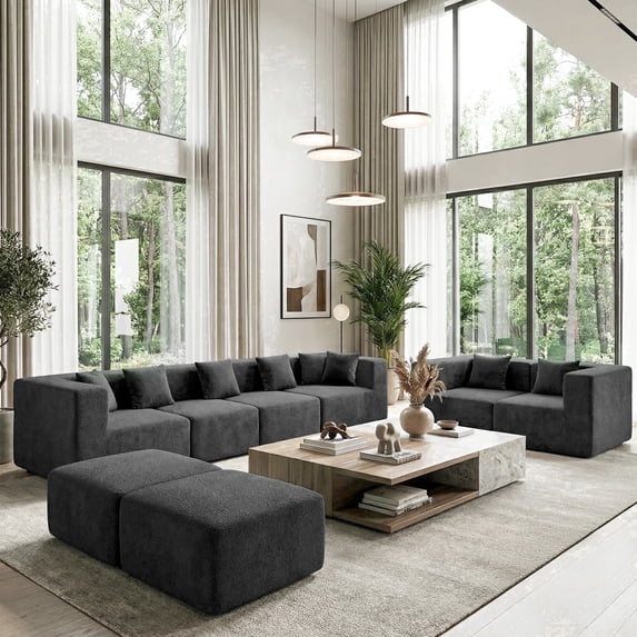 BEHOST 130" 8-Piece Modular Sectional Sofa with Ottomans, U-Shaped Pit Couch for Living Room, Modern Teddy Fabric Cloud Couch Set, Large Sleeper Sofa with Deep Seats, Dark Gray