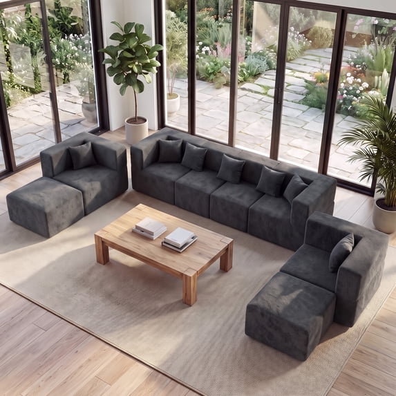 BEHOST 130" 8-Piece Modular Sectional Sofa with Ottomans, U-Shaped Pit Couch for Living Room, Modern Teddy Fabric Cloud Couch Set, Large Sleeper Sofa with Deep Seats, Dark Gray