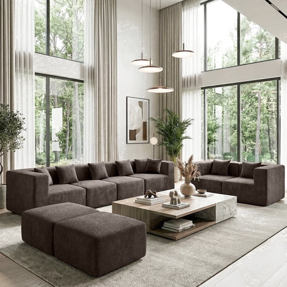 BEHOST 130" 8-Piece Modular Sectional Sofa with Ottomans, U-Shaped Pit Couch for Living Room, Modern Teddy Fabric Cloud Couch Set, Large Sleeper Sofa with Deep Seats, Coffee Brown