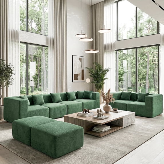 BEHOST 130" 8-Piece Modular Sectional Sofa with Ottomans, U-Shaped Pit Couch for Living Room, Modern Teddy Fabric Cloud Couch Set, Large Sleeper Sofa with Deep Seats, Forest Green