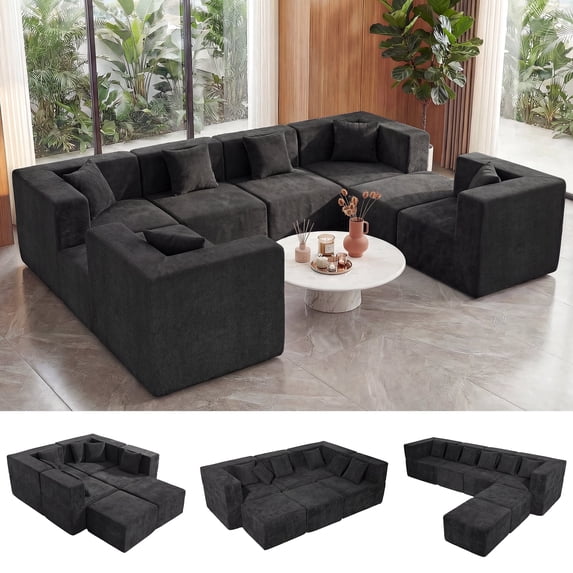 BEHOST 130" 8-Piece Modular Sectional Sofa, Boneless Cloud Couch with Extra Deep Seats, Washable Chenille Sofa Set for Living Room, Chenille Black