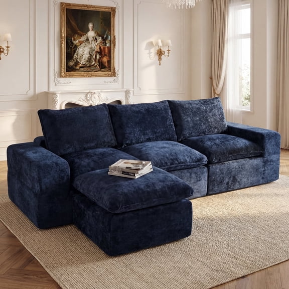 BEHOST 4-Piece 102" L-Shaped Modular Sectional Sofa, Velvet Cloud Sleeper Couch with 2 Movable Ottomans, Deep Seat Living Room Furniture Set,Navy Blue