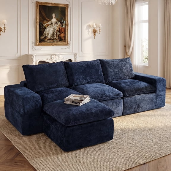 BEHOST 4-Piece 102" L-Shaped Modular Sectional Sofa, Velvet Cloud Sleeper Couch with 2 Movable Ottomans, Deep Seat Living Room Furniture Set,Navy Blue