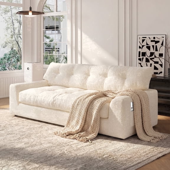 BEHOST 55" Loveseat Couch with Extra Deep Seats, Chenille 2-Seater Sofa with Side Storage & 2 Pillows, Cloud Sofa for Living Room & Small Spaces, White