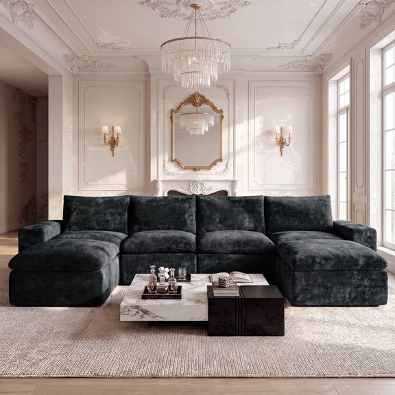 BEHOST 6-Piece 130"  Modular Sectional Sofa with 2 Movable Ottomans, Velvet Boneless Cloud Couch for Living Room, Oversized Deep Seat Sofa Set, Dark Gray
