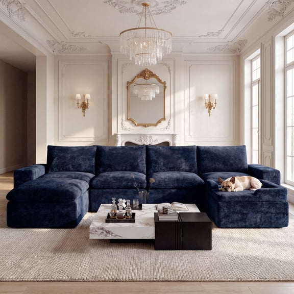 BEHOST 6-Piece 130" U-Shaped Modular Sectional Sofa, Velvet Boneless Cloud Couch with Dog Bed & 2 Movable Ottomans, Oversized Deep Seat Living Room Furniture Set,Navy Blue