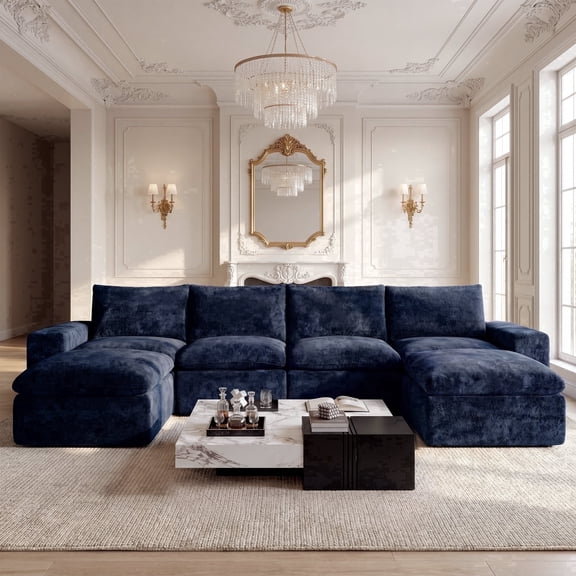 BEHOST 6-Piece 130"  Modular Sectional Sofa with 2 Movable Ottomans, Velvet Boneless Cloud Couch for Living Room, Oversized Deep Seat Sofa Set, Navy Blue