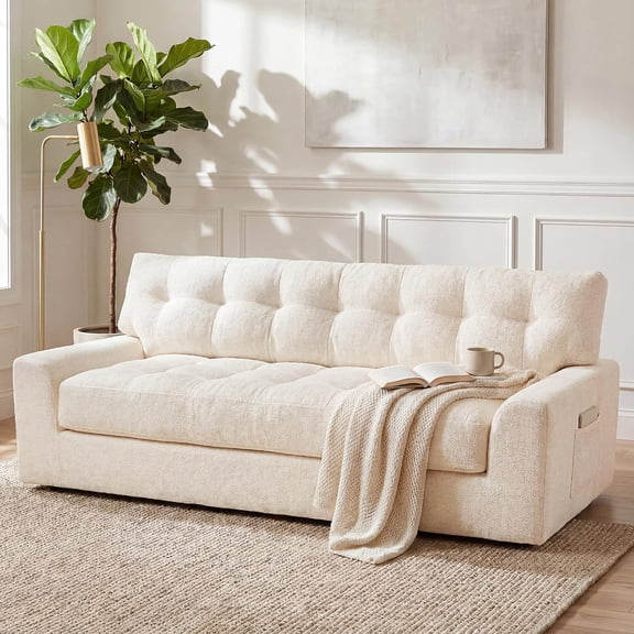 BEHOST 75.6" 3 Seater Sofa Couch for Living Room, Boneless Couch with Extra Deep Seats, Cloud Sofa with Upholstered & Side Storage, Beige