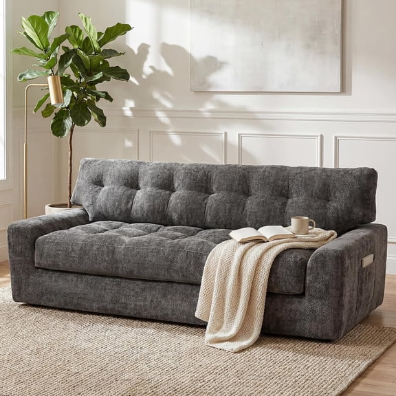 BEHOST 75.6" 3 Seater Sofa Couch for Living Room, Boneless Couch with Extra Deep Seats, Cloud Sofa with Upholstered & Side Storage, Gray