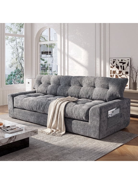 75.6" 3 Seater Sofa Couch for Living Room, Boneless Couch with Extra Deep Seats, Cloud Sofa with Upholstered & Side Storage, Dark Gray