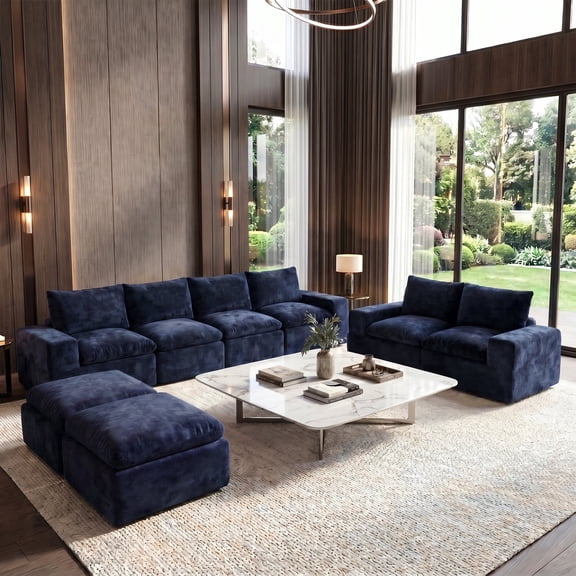 BEHOST 8-Piece 130" U-Shaped Modular Sectional Sofa, Velvet Cloud Sleeper Couch with 2 Movable Ottomans, Oversized Deep Seat Living Room Furniture Set,Navy Blue