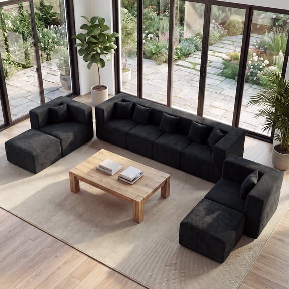 BEHOST 130" 8-Piece Modular Sectional Sofa with Ottomans, U-Shaped Pit Couch for Living Room, Modern Teddy Fabric Cloud Couch Set, Large Sleeper Sofa with Deep Seats, Classic Black