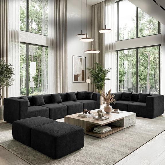 BEHOST 130" 8-Piece Modular Sectional Sofa with Ottomans, U-Shaped Pit Couch for Living Room, Modern Teddy Fabric Cloud Couch Set, Large Sleeper Sofa with Deep Seats, Classic Black