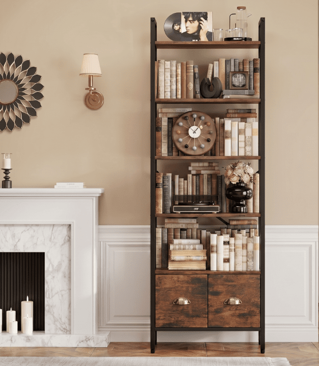 BEHOST 6-Tier Storage Rack Bookshelf with 2 Fabric Drawers, Tall Metal Frame bookcase for living room and Office, Rustic Brown