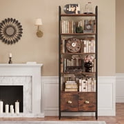 BEHOST 6-Tier Bookshelf with 2 Drawer, Tall Bookcase with Shelves, Wood and Metal Bookshelves Storage Organizer, Modern Book Shelf for Bedroom, Living Room and Home Office, Rustic Brown