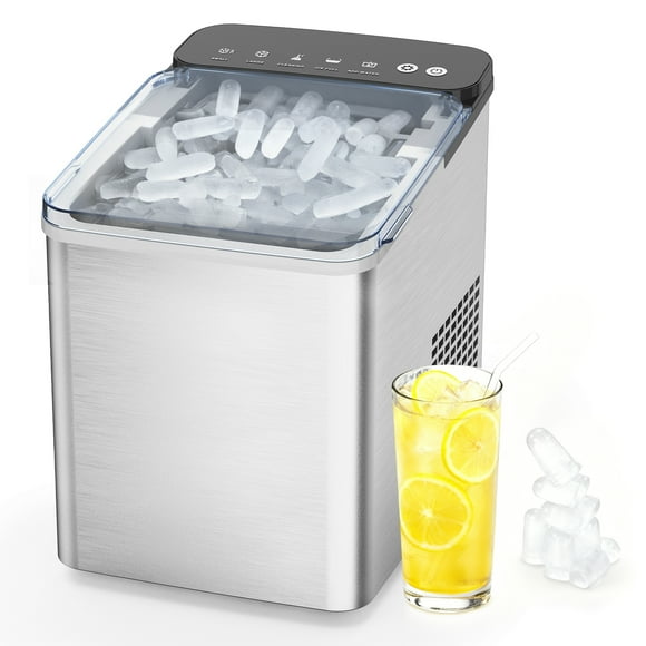 Bullet Ice Maker with Stainless Steel Housing, 2 Ice Size Options, 26lb/24h Capacity, Quiet Compressor Cooling, Transparent Lid, Silver