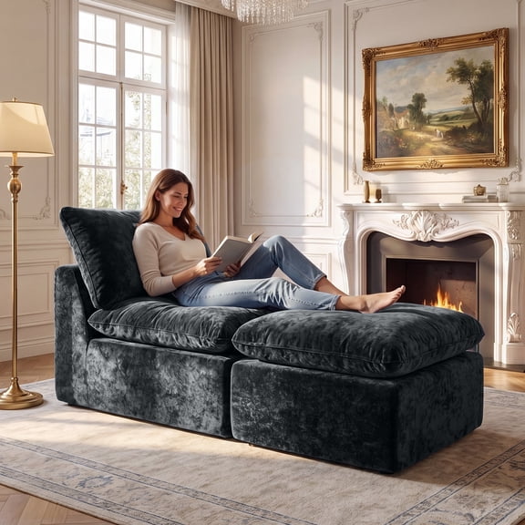 BEHOST Modular Sectional Sofa, Velvet Cloud Sleeper Couch with Ottoman & Extra Deep Seats, Compact Sofa Bed for Living Room & Small Spaces, Dark Gray
