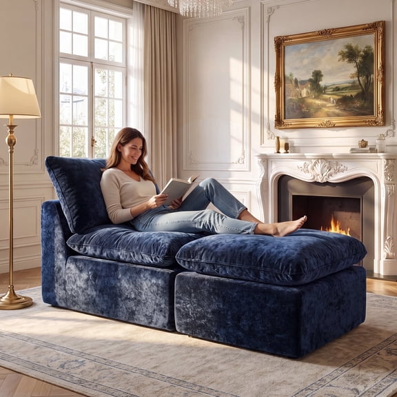 BEHOST Modular Sectional Sofa, Velvet Cloud Sleeper Couch with Ottoman & Extra Deep Seats, Compact Sofa Bed for Living Room & Small Spaces, Navy Blue
