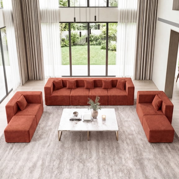 BEHOST 130" 8-Piece Modular Sectional Sofa, Boneless Cloud Couch with Extra Deep Seats, Washable Chenille Sofa Set for Living Room, Chenille Rust