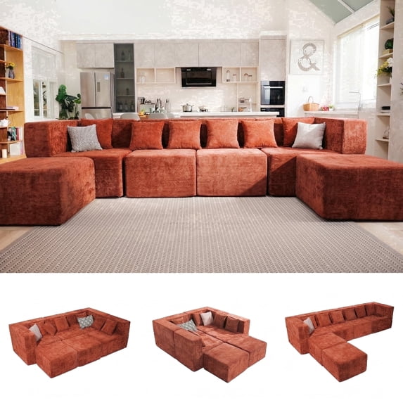 BEHOST 130" 6-Piece Modular Sectional Sofa with 2 Movable Ottomans, U-Shaped Cloud Couch for Living Room, Modern Chenille Deep Seat Sofa Set, Flexible Oversized Sleeper Couches, Rust Red