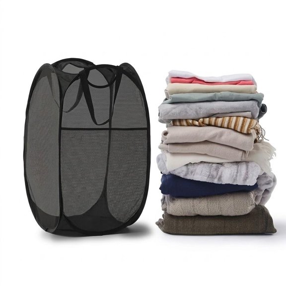 BEI PopUp Mesh Foldable Laundry Hamper with Side Pocket, Black 22.8 x14.2 x14.2 in for Home Dorm Travel