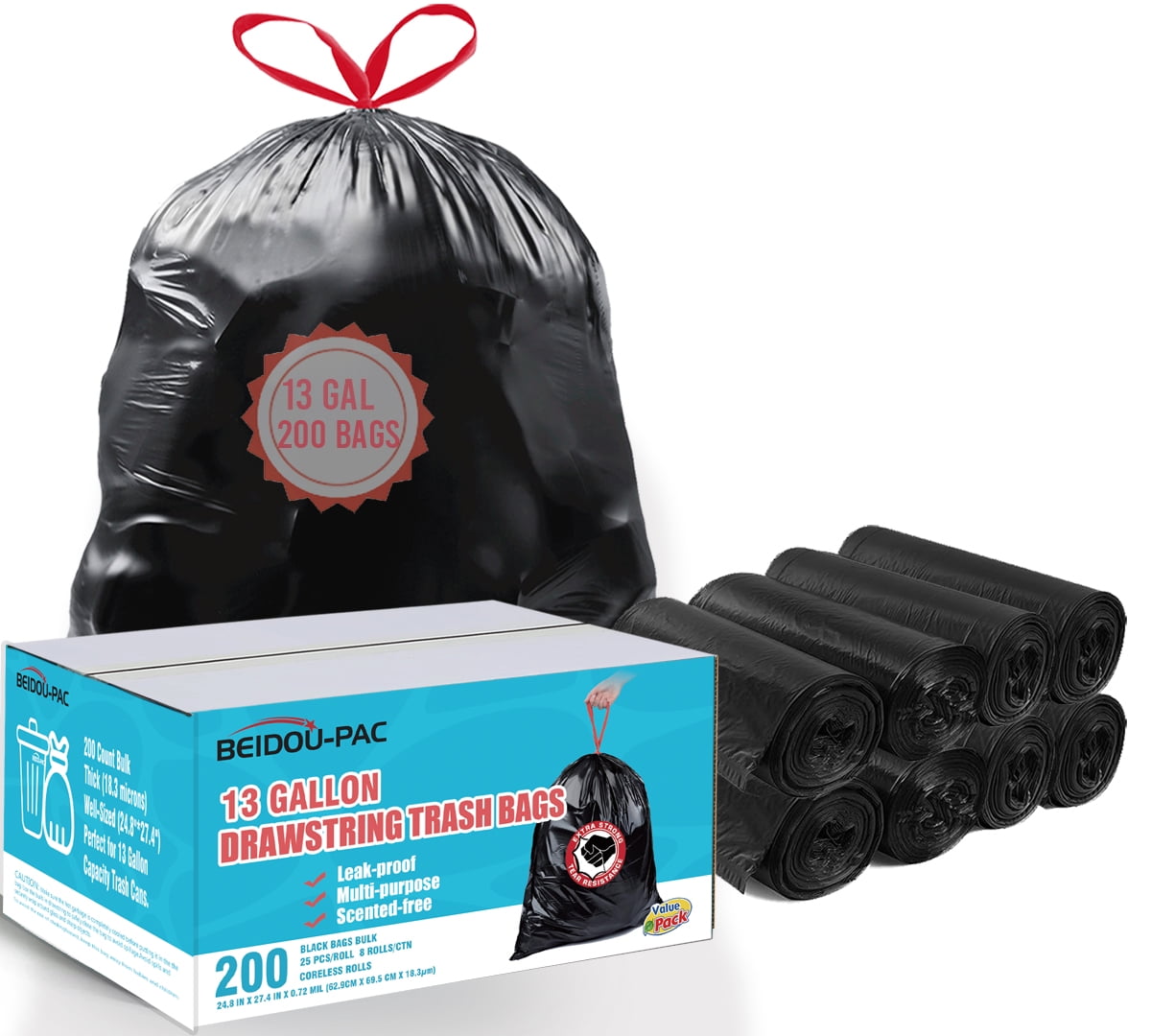 BEIDOU-PAC 13 Gallon Trash Bags Drawstring, 200 Count Bulk, Black ...