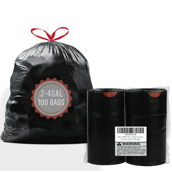 BEIDOU-PAC 2-4 Gallon Trash Bags Drawstring, 100 Count, Black & Unscented Small Garbage Liners