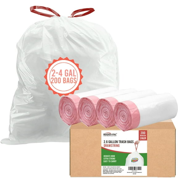 BEIDOU-PAC 2-4 Gallon Trash Bags Drawstring, 200 Count, White & Unscented Small Garbage Liners