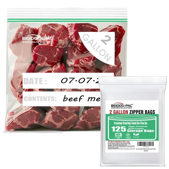 BEIDOU-PAC 2 Gallon Large Food Storage Freezer Bags, 125 Count | Double Zipper, Freshness Easy Open Reclosable Clear Plastic Bags