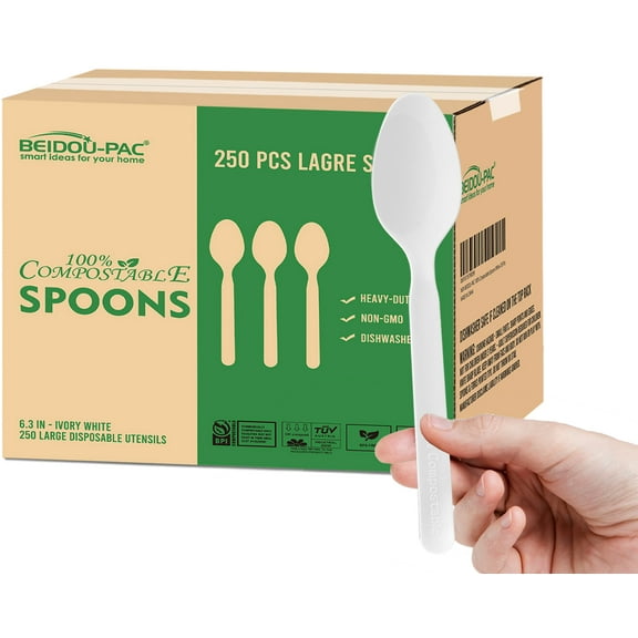 BEIDOU-PAC 250 Count Compostable Disposable Non Plastic Spoons, Large Heavy Duty Biodegradable Utensils, Eco Friendly Durable Sturdy Recyclable Spoons Flatware Silverware for Party Wedding Daily Use
