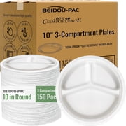BEIDOU-PAC 3 Compartment Compostable Heavy Duty Disposable Paper Plates, 10", 150 Count, White