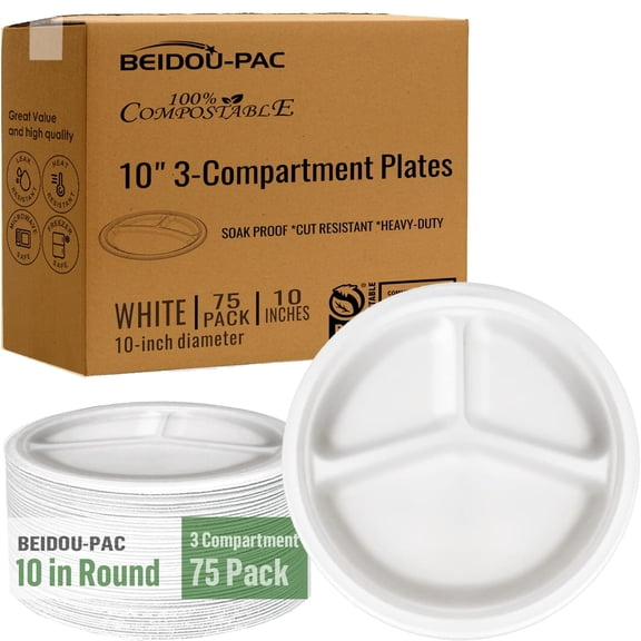 BEIDOU-PAC 3 Compartment Compostable Heavy Duty Disposable Paper Plates, 10", 75 Count, White