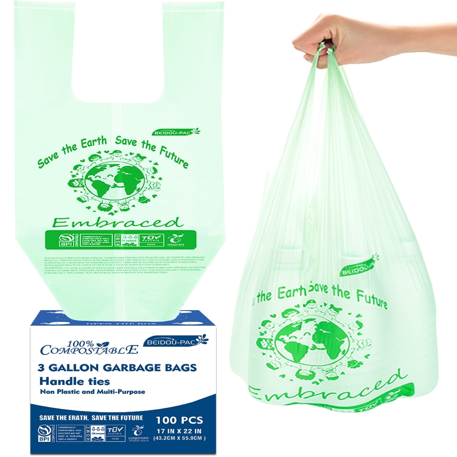 BEIDOU-PAC 3 Gallon Compostable Trash Bags, 100 Co