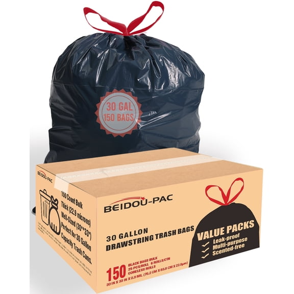 BEIDOU-PAC 30 Gallon Trash Bags Drawstring, 150 Count | Heavy Duty | Black | Unscented Can Liners
