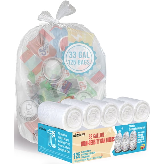 BEIDOU-PAC 33 Gallon Trash Bags, 125 Count, Heavy Duty Clear Plastic Recycling Bags, Unscented