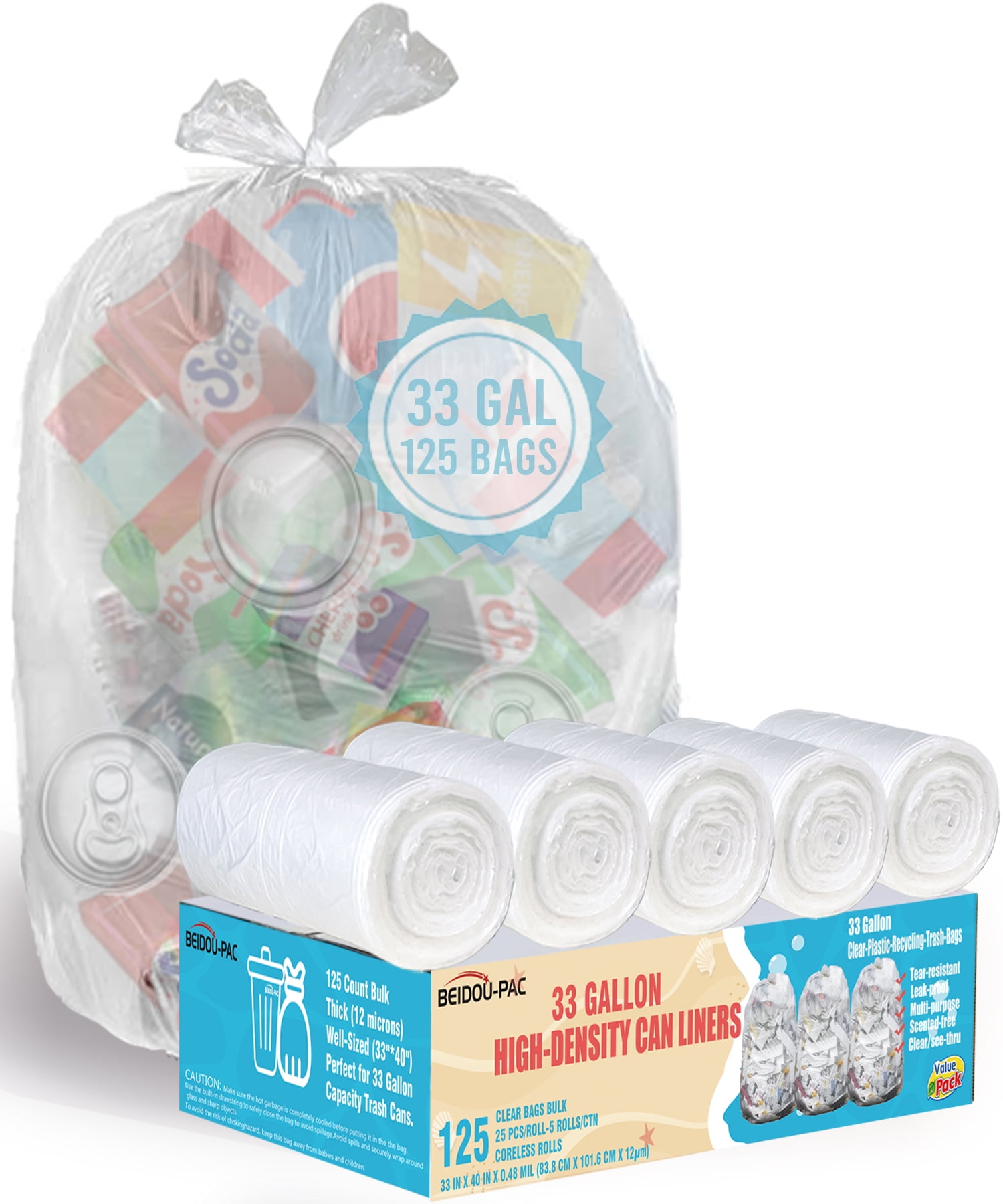 BEIDOUPAC 33 Gallon Trash Bags, 250 Count Bulk, Heavy Duty Clear